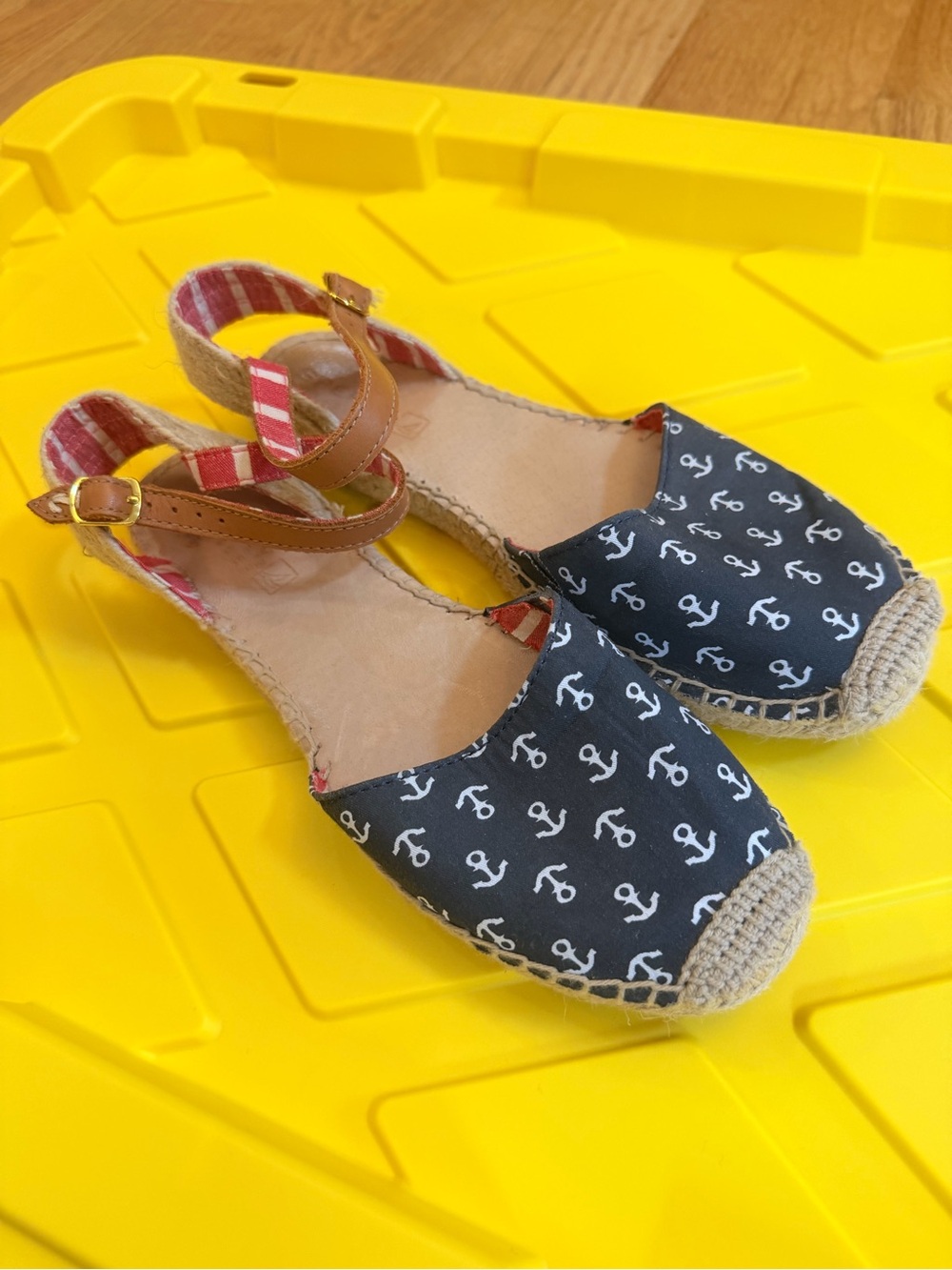 Ladies Size 8 "Sperry" Navy Anchor Espadrille Sandals Red Brown Ankle Straps GUC